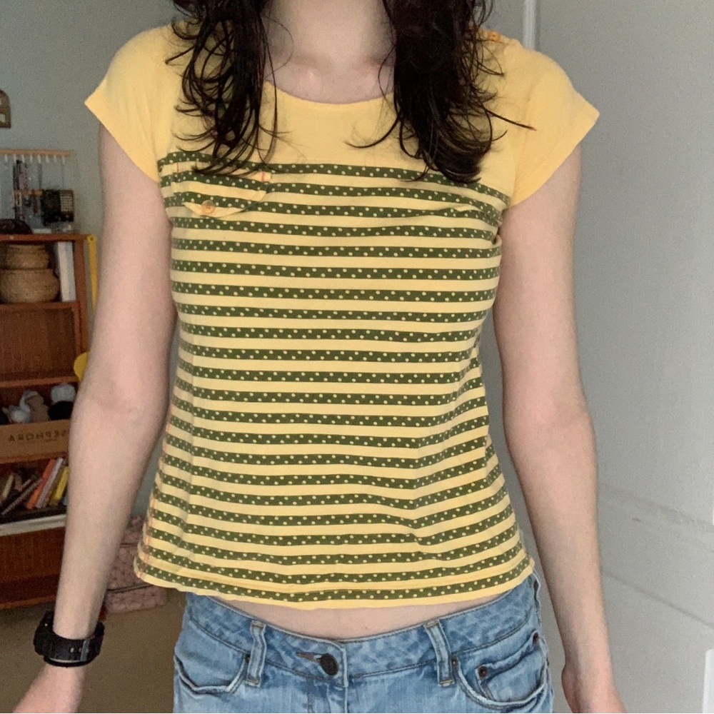 yellow and green striped baby tee w/ button details